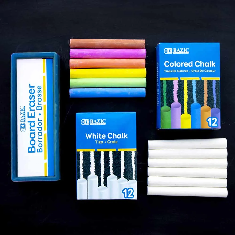 BAZIC Chalk Chalkboard Eraser 12 Assorted Colors 12 White Sidewalk Art Kids