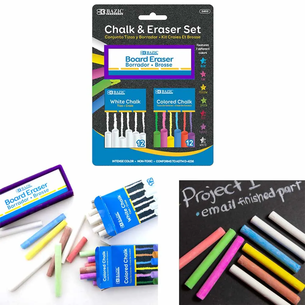 BAZIC Chalk Chalkboard Eraser 12 Assorted Colors 12 White Sidewalk Art Kids
