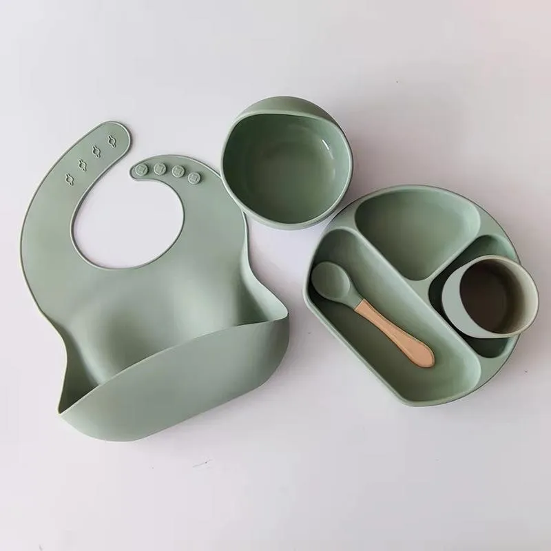 Dinner Plate Bib Silicone Bowl Spoon Complementary Baby Tableware Set