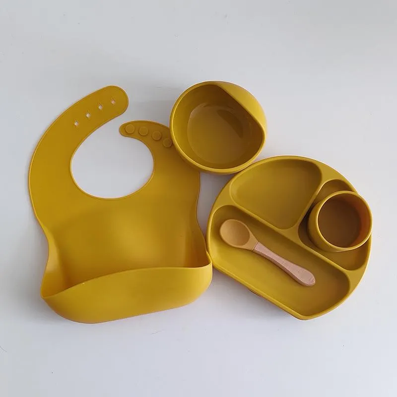Dinner Plate Bib Silicone Bowl Spoon Complementary Baby Tableware Set