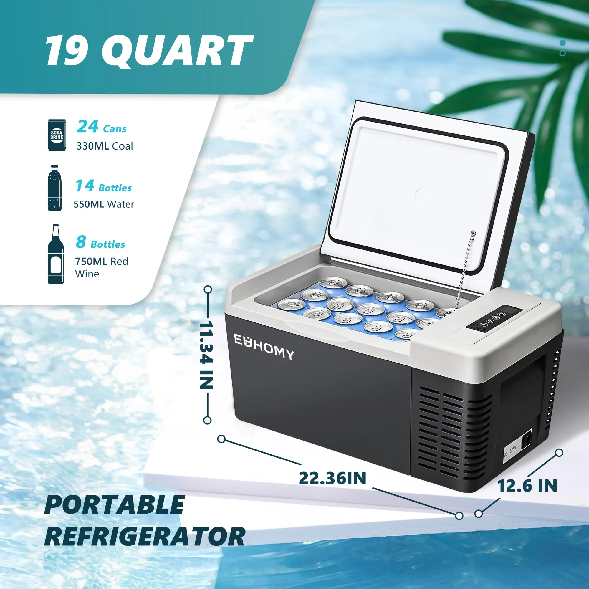 EUHOMY 12 Volt Refrigerator, 19QT(18L) Compressor Electric Cooler APP Control, Car Fridge -4~68, Portable Refrigerator 12/24V DC 110-240V AC, Portable Freezer for Camping, Travel, Boat