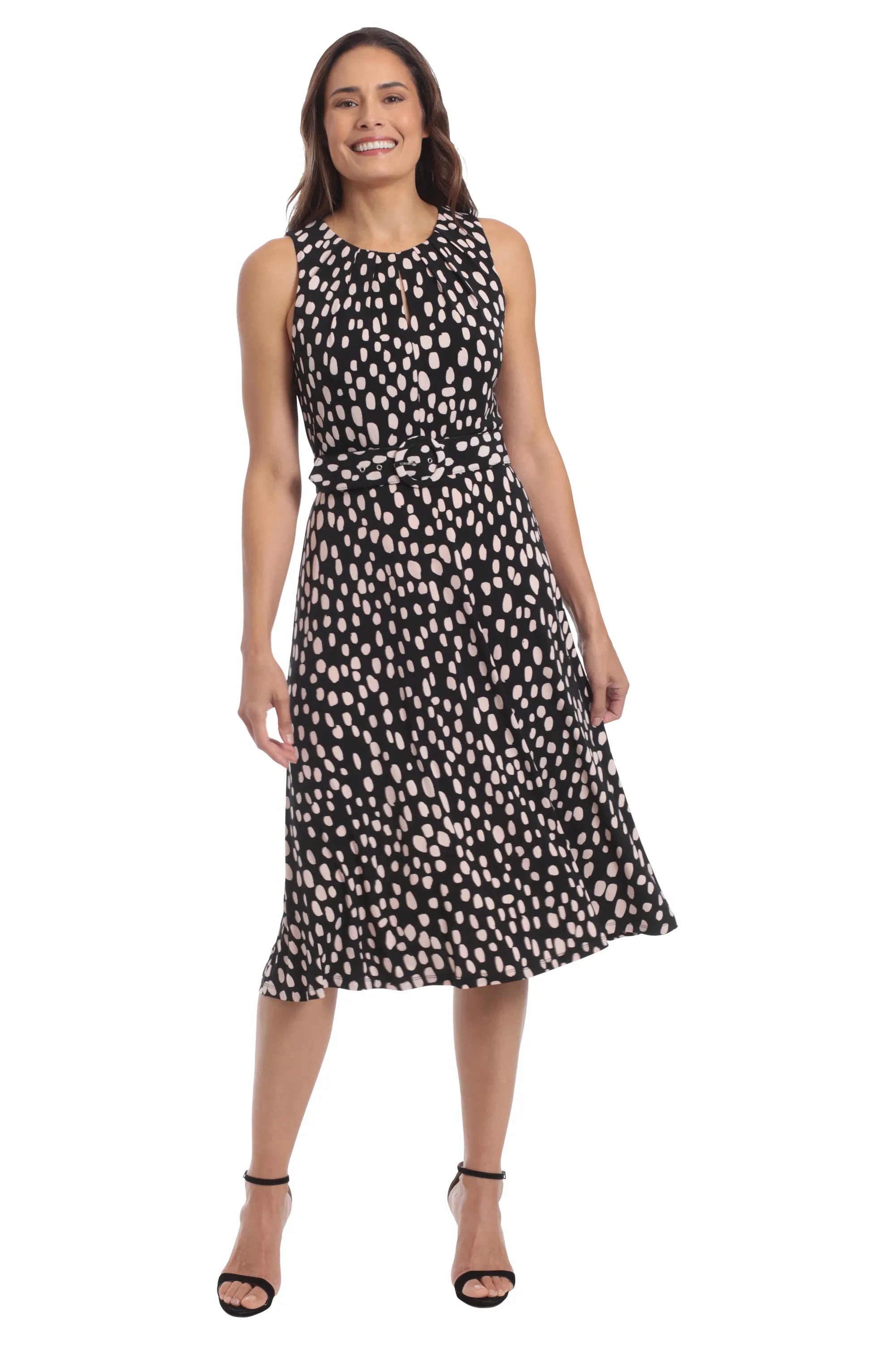London Times Chalk Dot Belted Keyhole Midi Dress In Black And Pink