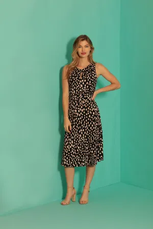 London Times Chalk Dot Belted Keyhole Midi Dress In Black And Pink