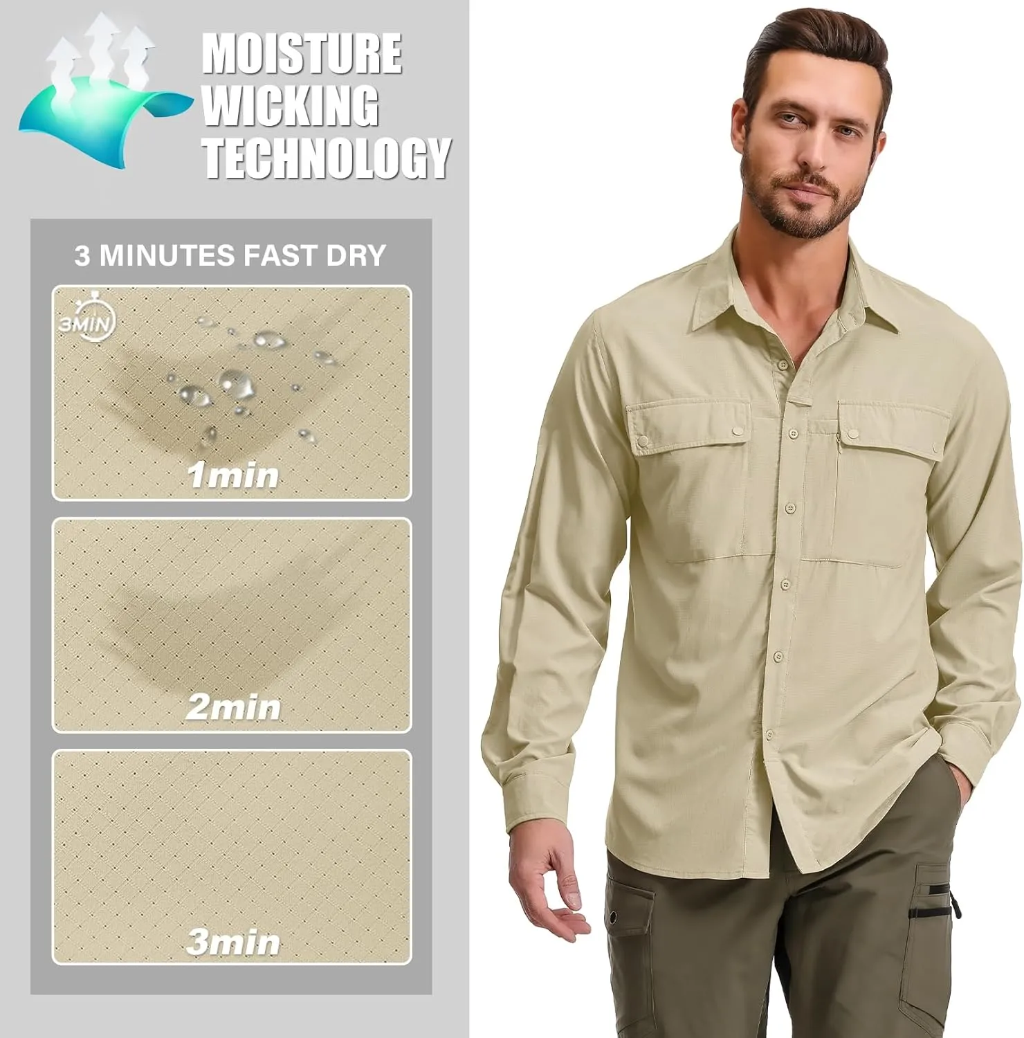 Men's Long Sleeve Sun Protection Fishing Shirt UPF 50 UV Quick Dry Cooling Outdoor Hiking Travel Safari Shirts