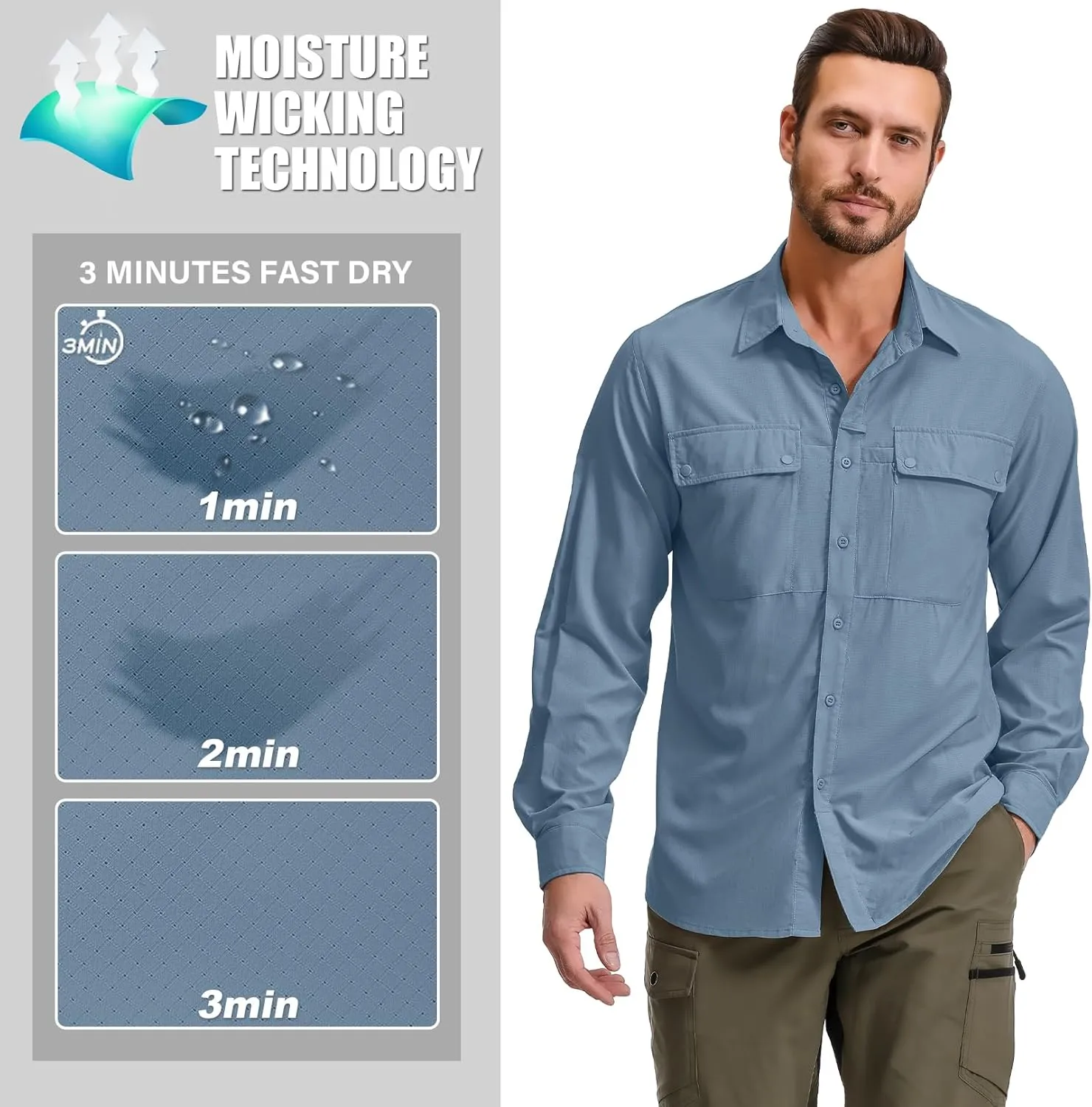 Men's Long Sleeve Sun Protection Fishing Shirt UPF 50 UV Quick Dry Cooling Outdoor Hiking Travel Safari Shirts