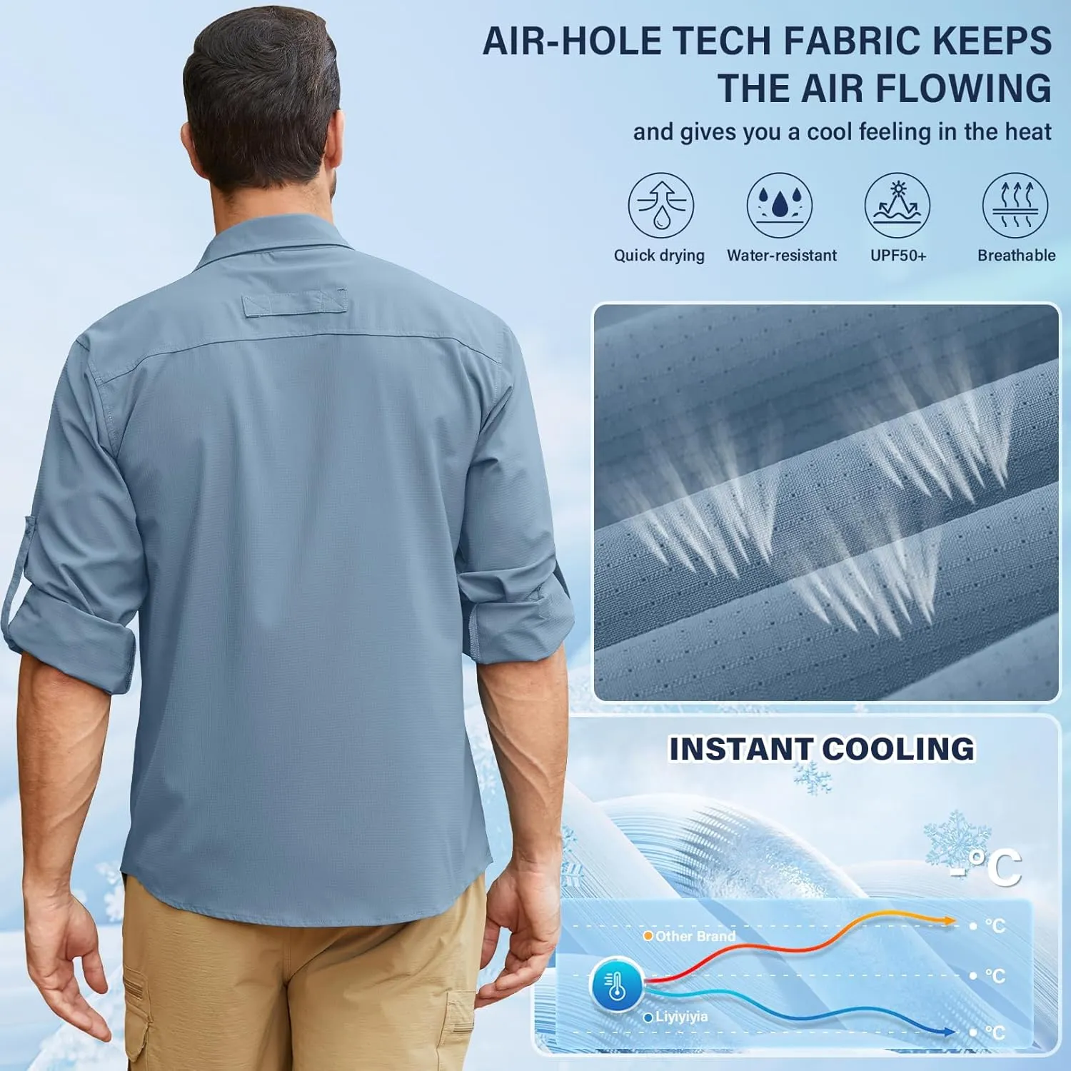 Men's Long Sleeve Sun Protection Fishing Shirt UPF 50 UV Quick Dry Cooling Outdoor Hiking Travel Safari Shirts