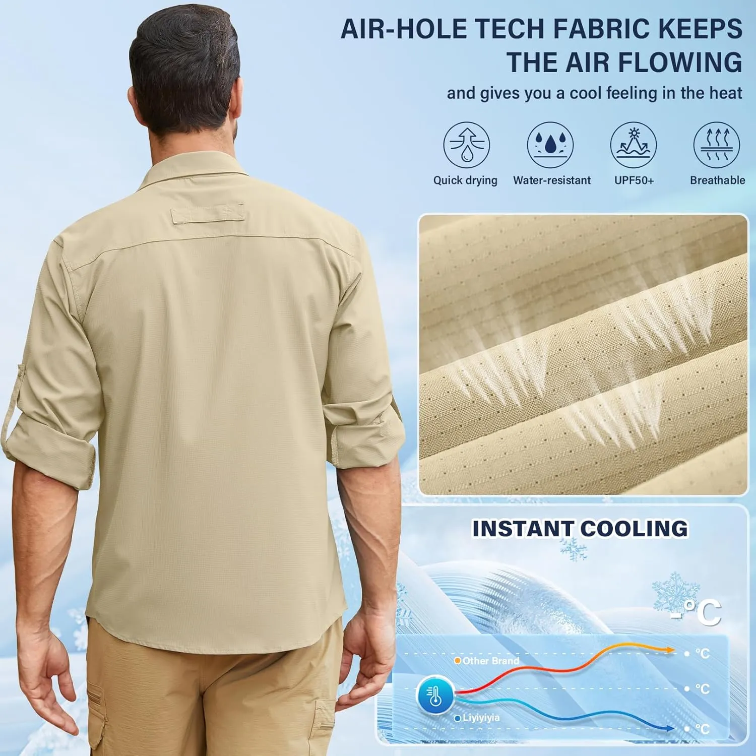 Men's Long Sleeve Sun Protection Fishing Shirt UPF 50 UV Quick Dry Cooling Outdoor Hiking Travel Safari Shirts