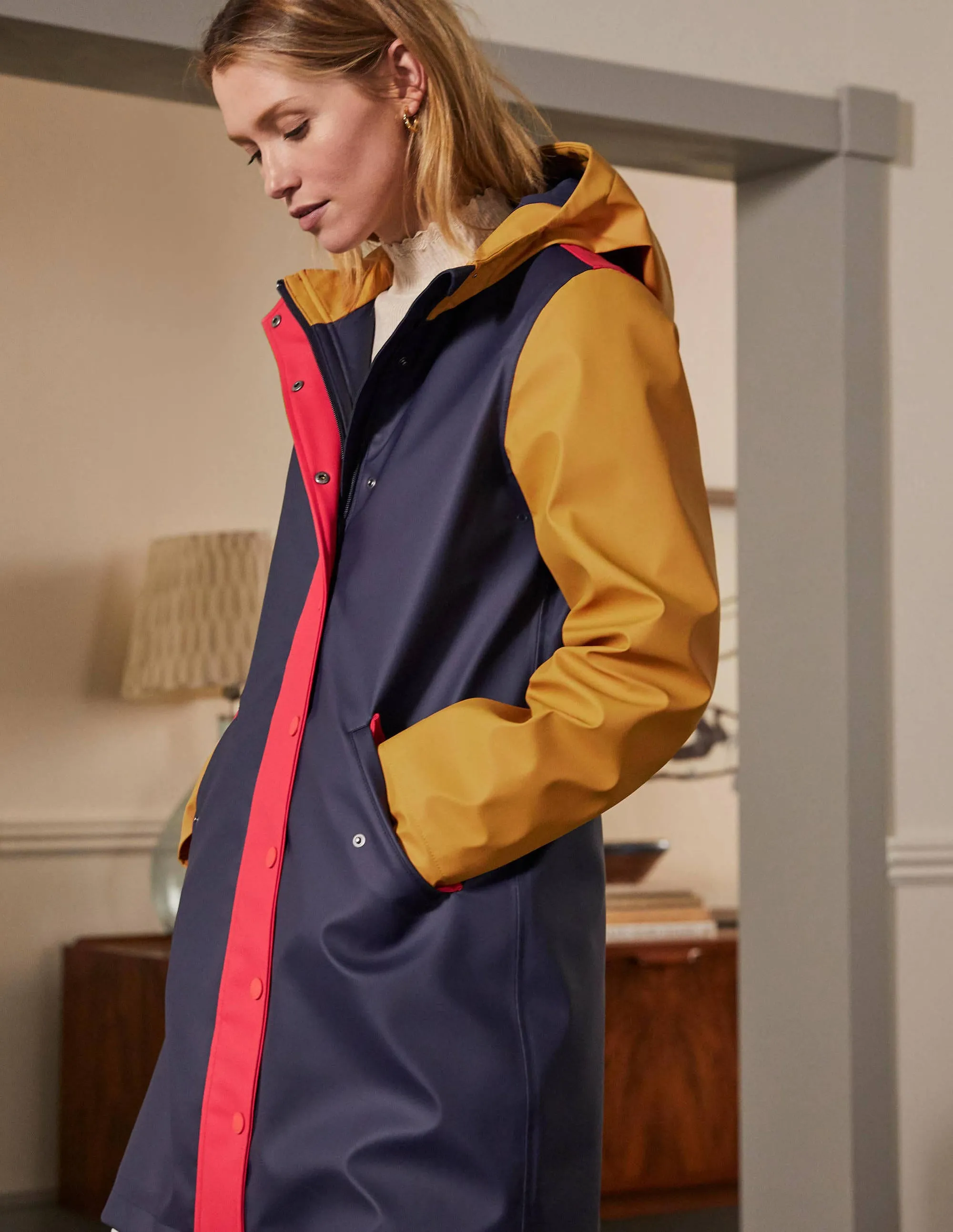 Morris Waterproof Mac-Navy and Ochre Colourblock