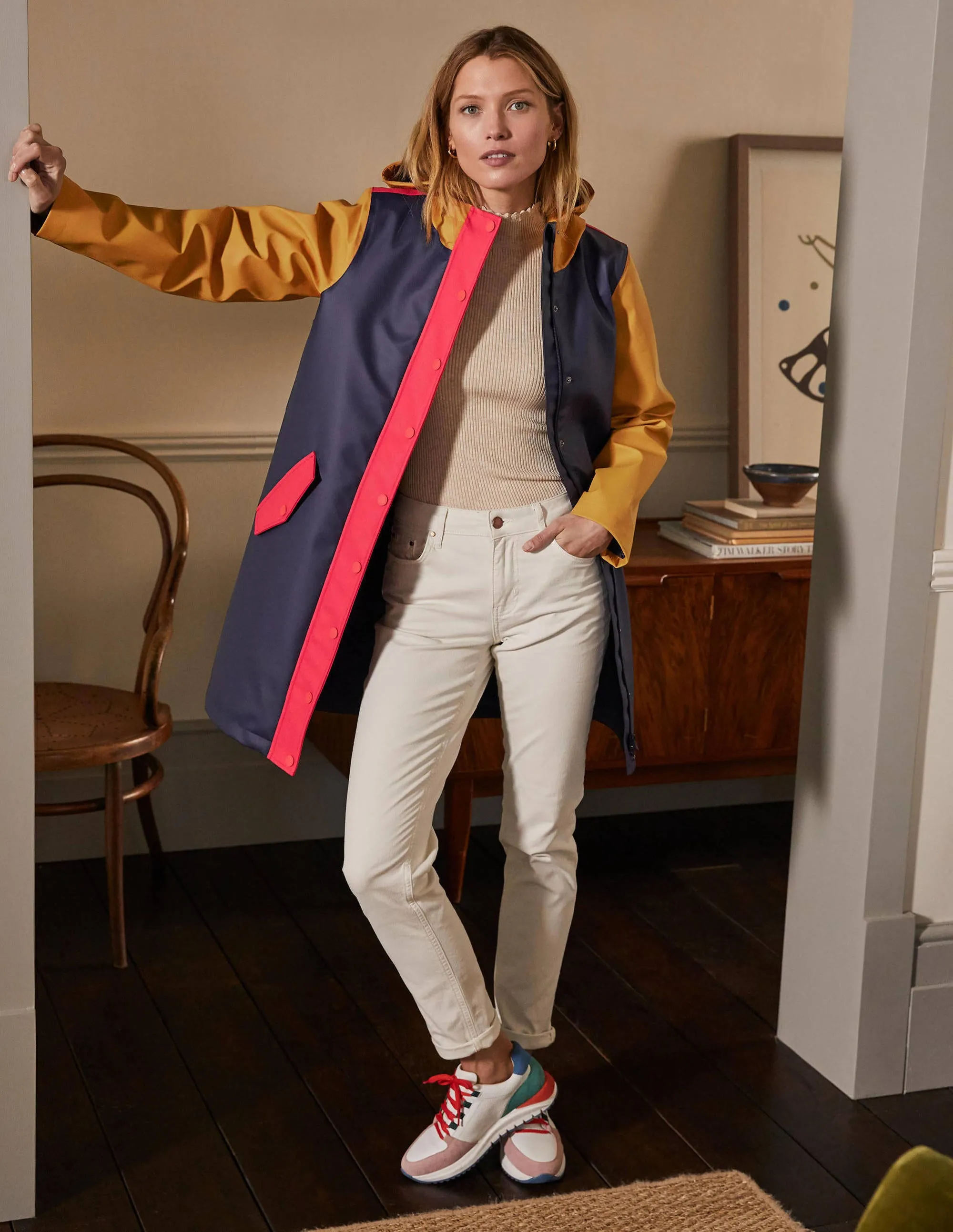 Morris Waterproof Mac-Navy and Ochre Colourblock